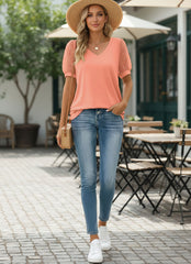 V-Neck Short Sleeve Mesh Puff Sleeve Top for Women