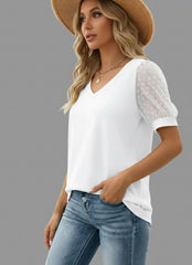V-Neck Short Sleeve Mesh Puff Sleeve Top for Women