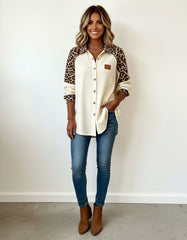 Leopard Print Contrast Button-Up Long Sleeve Shirt for Women