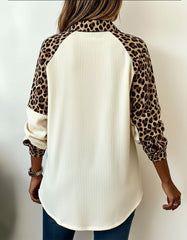 Leopard Print Contrast Button-Up Long Sleeve Shirt for Women