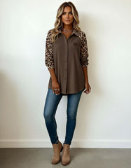 Leopard Print Contrast Button-Up Long Sleeve Shirt for Women