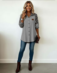 Leopard Print Contrast Button-Up Long Sleeve Shirt for Women