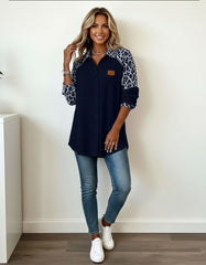 Leopard Print Contrast Button-Up Long Sleeve Shirt for Women