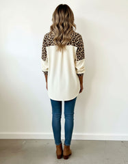 Leopard Print Contrast Button-Up Long Sleeve Shirt for Women