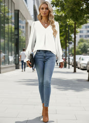 V-Neck Long Sleeve Puff Sleeve Blouse for Women