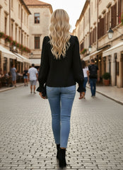 V-Neck Long Sleeve Puff Sleeve Blouse for Women
