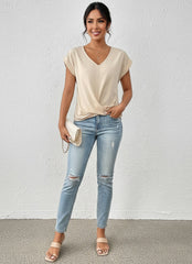 V-Neck Short Sleeve Twist Front Top for Women