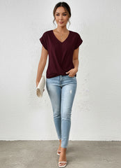 V-Neck Short Sleeve Twist Front Top for Women