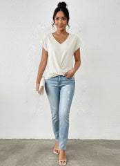 V-Neck Short Sleeve Twist Front Top for Women