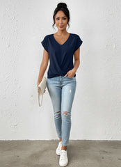 V-Neck Short Sleeve Twist Front Top for Women