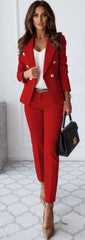Tailored Double-Breasted Blazer & Slim Fit Trousers Suit Set for Women