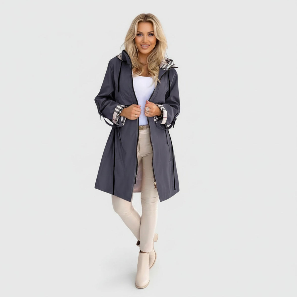 Hooded Zip-Up Belted Longline Raincoat for Women