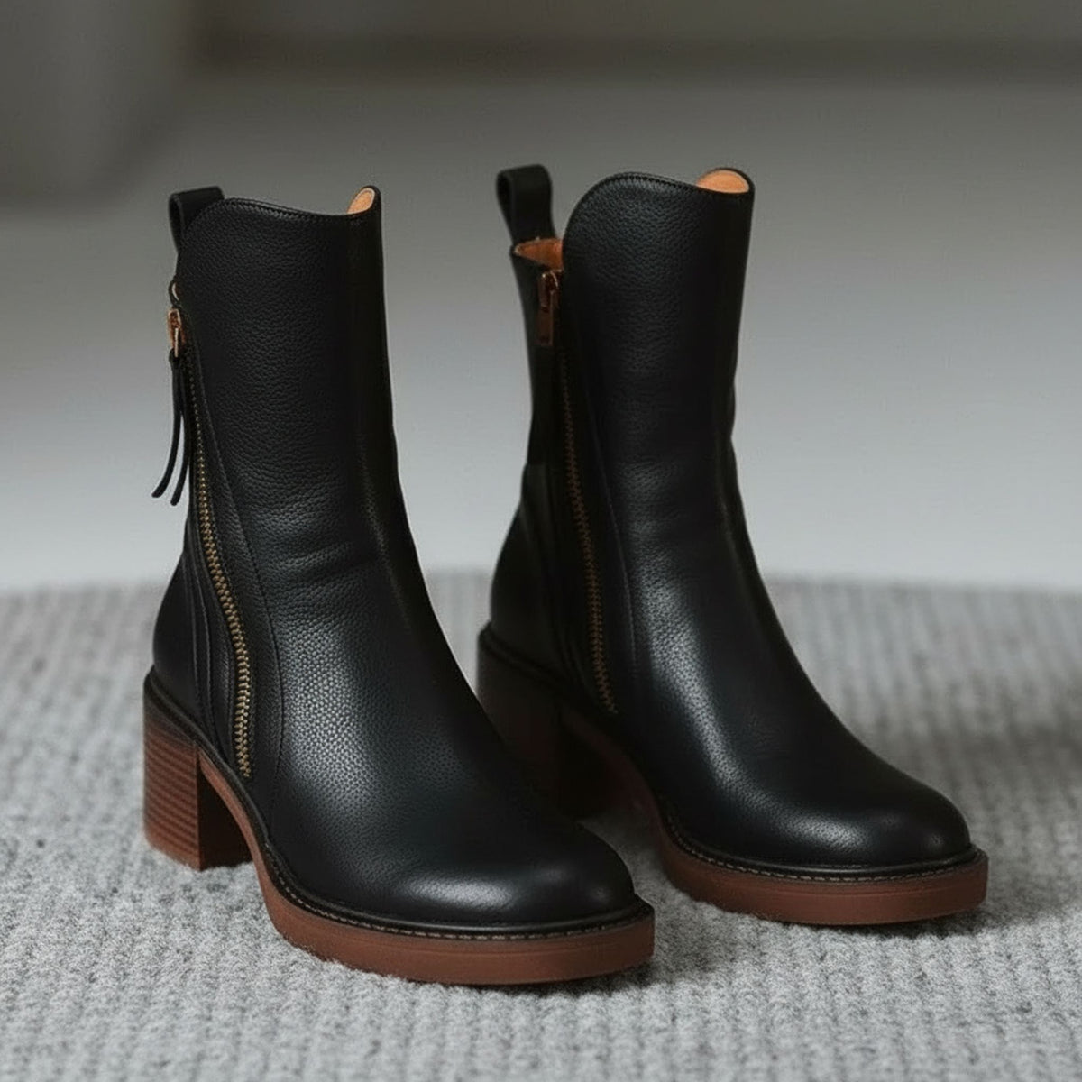 Block Heel Zip-Up Ankle Boots for Women