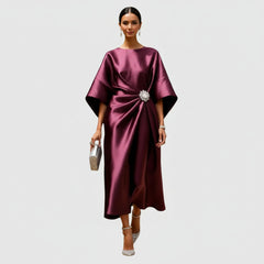 Satin Batwing Sleeve Embellished Midi Dress for Women