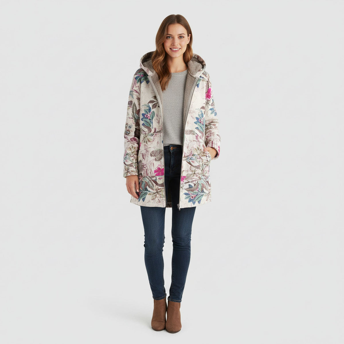Floral Print Hooded Fleece-Lined Longline Jacket for Women