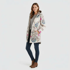Floral Print Hooded Fleece-Lined Longline Jacket for Women