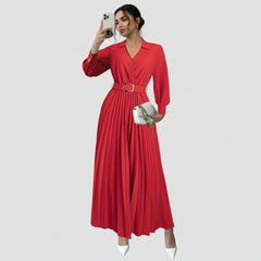 Long Sleeve Belted Pleated Maxi Dress for Women