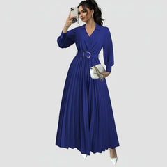 Long Sleeve Belted Pleated Maxi Dress for Women