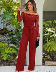 Off-Shoulder Lace Top Wide-Leg Jumpsuit for Women