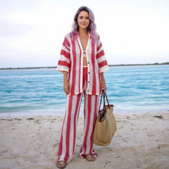Crochet Stripe Button Shirt & Wide Leg Trousers Co-Ord Set for Women