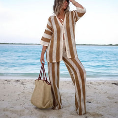 Crochet Stripe Button Shirt & Wide Leg Trousers Co-Ord Set for Women