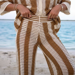 Crochet Stripe Button Shirt & Wide Leg Trousers Co-Ord Set for Women