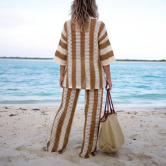 Crochet Stripe Button Shirt & Wide Leg Trousers Co-Ord Set for Women