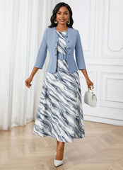 Geometric Print Midi Dress with Cropped Jacket Set for Women