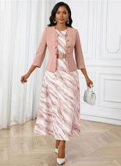 Geometric Print Midi Dress with Cropped Jacket Set for Women
