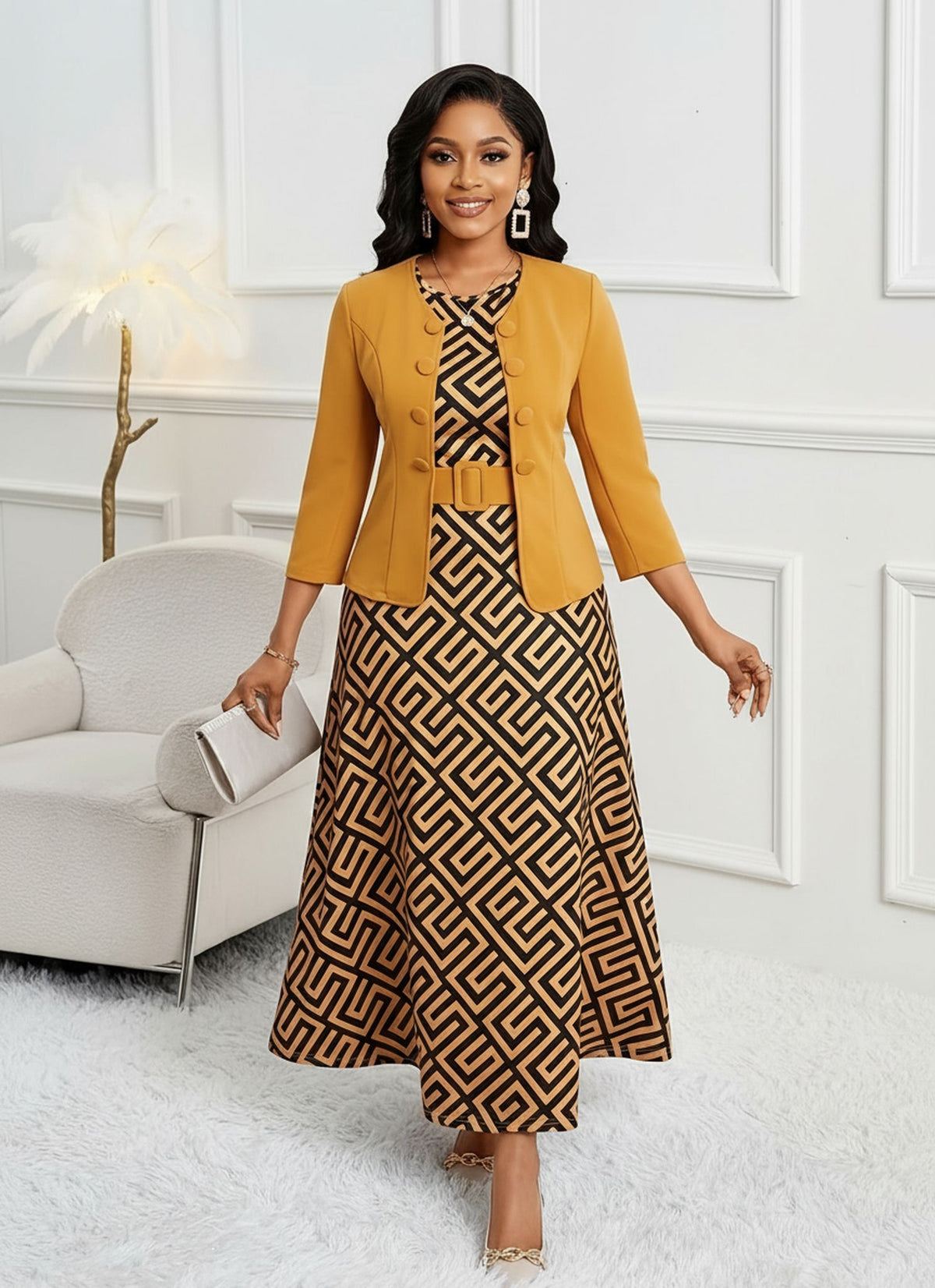 Geometric Print Midi Dress with Cropped Jacket Set for Women