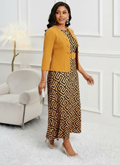 Geometric Print Midi Dress with Cropped Jacket Set for Women