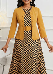 Geometric Print Midi Dress with Cropped Jacket Set for Women