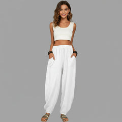 Elastic Waist Wide Leg Linen Trousers for Women