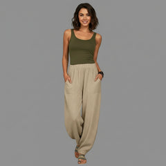 Elastic Waist Wide Leg Linen Trousers for Women