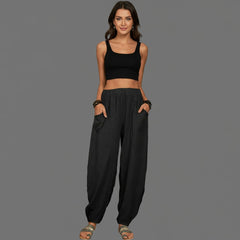 Elastic Waist Wide Leg Linen Trousers for Women