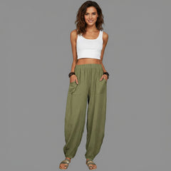 Elastic Waist Wide Leg Linen Trousers for Women