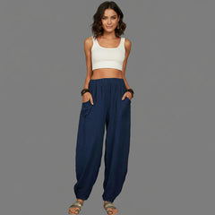 Elastic Waist Wide Leg Linen Trousers for Women