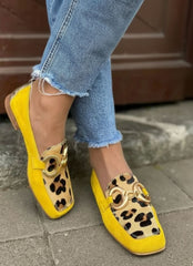 Leopard Panel Buckle Detail Flat Loafers for Women