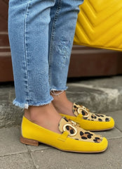 Leopard Panel Buckle Detail Flat Loafers for Women