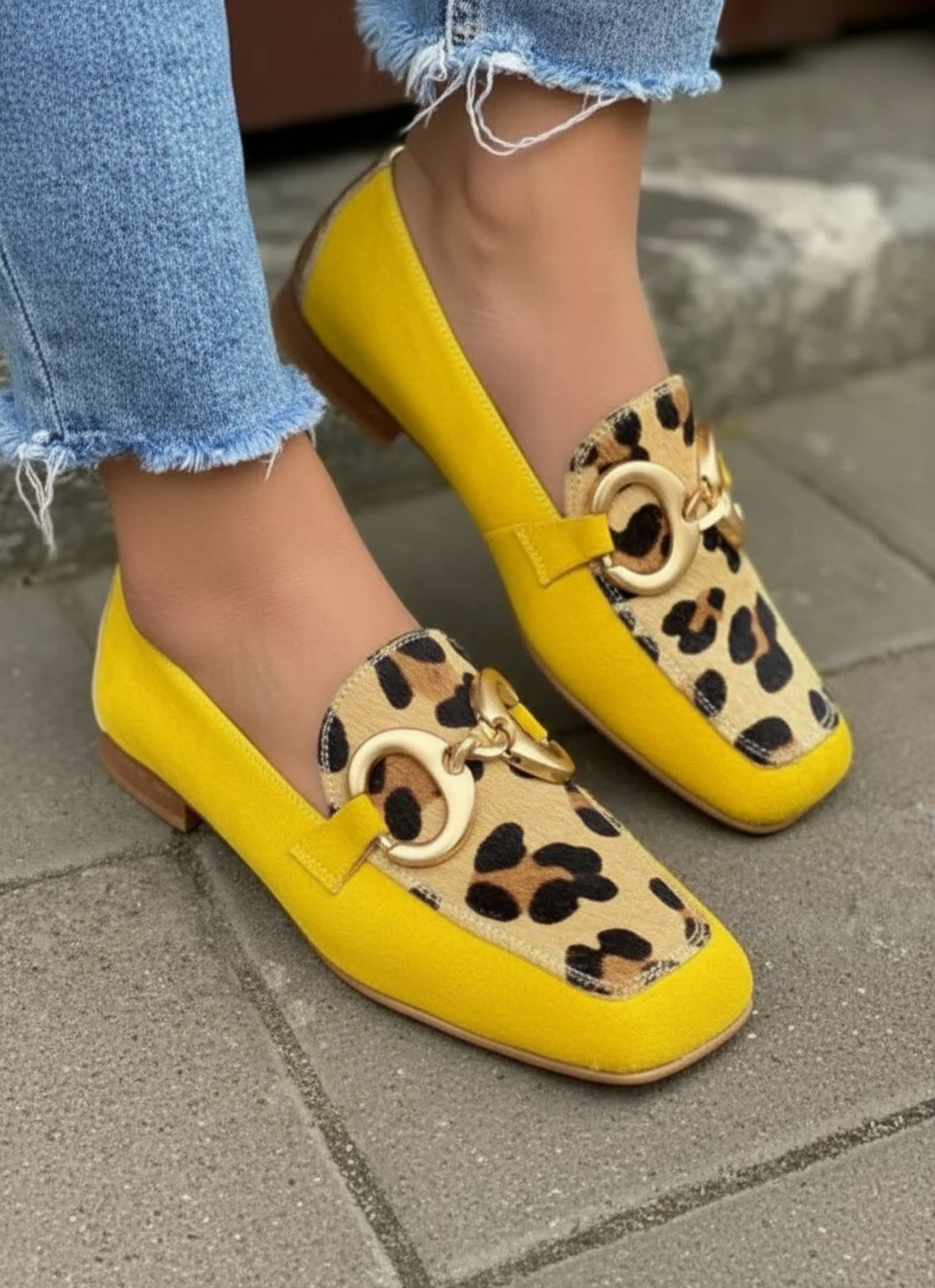 Leopard Panel Buckle Detail Flat Loafers for Women