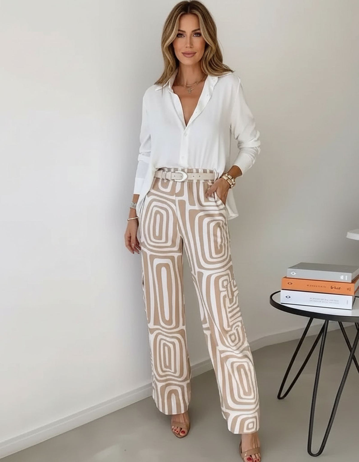 Geometric Print Shirt & Wide Leg Trousers Co-Ord Set for Women