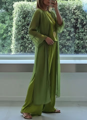 Three-Piece Sheer Longline Jacket, Top & Wide Leg Trousers Co-Ord Set for Women