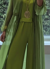 Three-Piece Sheer Longline Jacket, Top & Wide Leg Trousers Co-Ord Set for Women