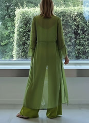 Three-Piece Sheer Longline Jacket, Top & Wide Leg Trousers Co-Ord Set for Women