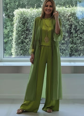 Three-Piece Sheer Longline Jacket, Top & Wide Leg Trousers Co-Ord Set for Women