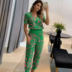 V-Neck Short Sleeve Top & Geometric Print Trousers Co-Ord Set for Women