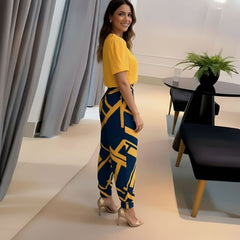 V-Neck Short Sleeve Top & Geometric Print Trousers Co-Ord Set for Women