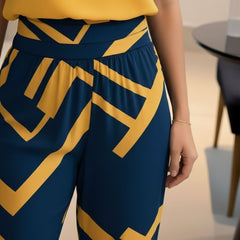 V-Neck Short Sleeve Top & Geometric Print Trousers Co-Ord Set for Women