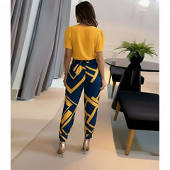 V-Neck Short Sleeve Top & Geometric Print Trousers Co-Ord Set for Women