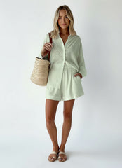 Textured Button-Up Shirt & Elastic Waist Shorts Co-Ord Set for Women